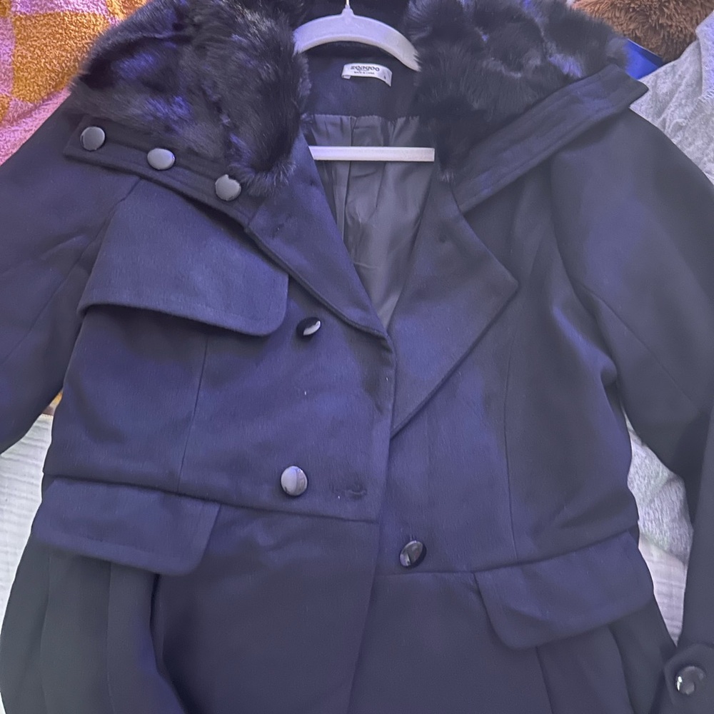 Women's Black Coat with Faux Fur Collar